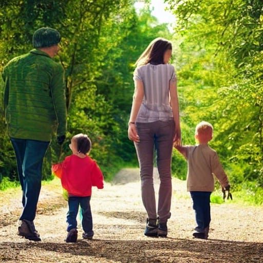 mother and father hiking with young chilen