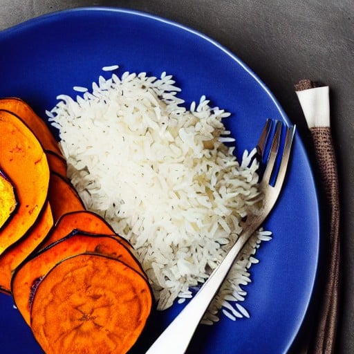sweet potato andf rice on a blue plate