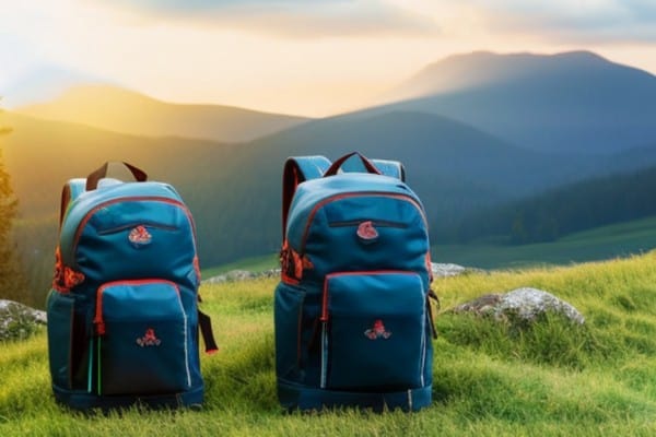 rucksacks on top of a hill with beautiful sunrise