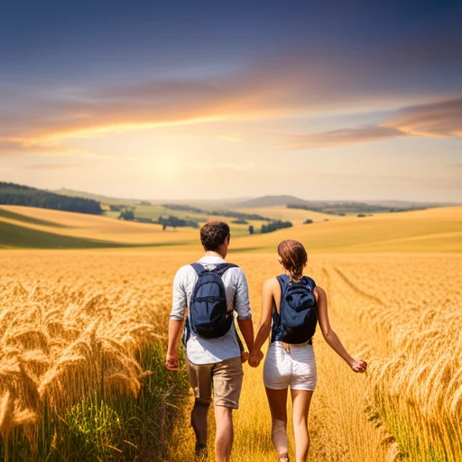 young couple waking through wheat field