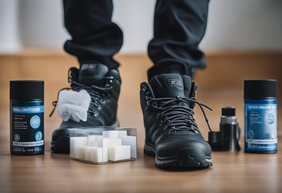 Walking boots surrounded by odour-prevention products like deodorizing sprays, shoe fresheners, and activated charcoal sachets