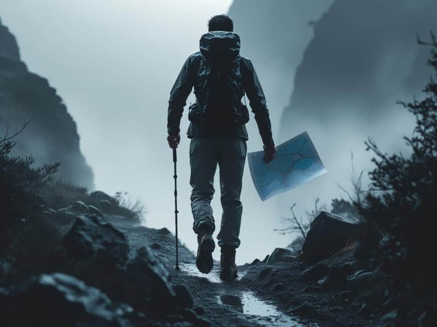 lone hiker walking on a narrow, slightly muddy mountain trail disappearing into a thick, atmospheric mist or fog