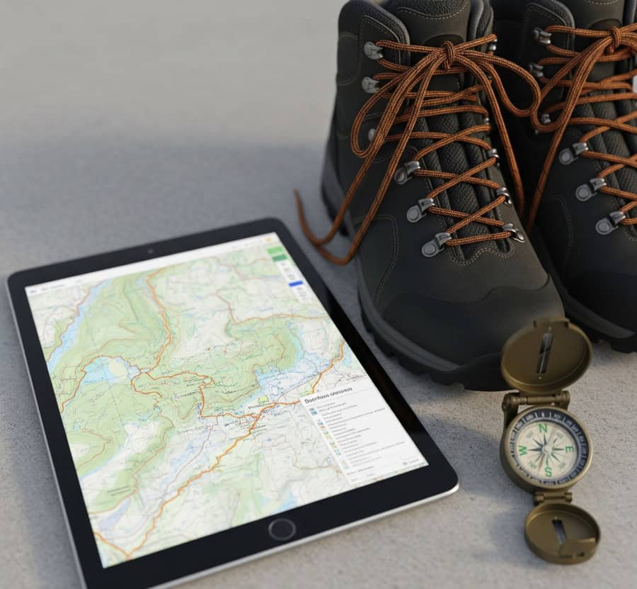 hiking app showing map on tablet and compass