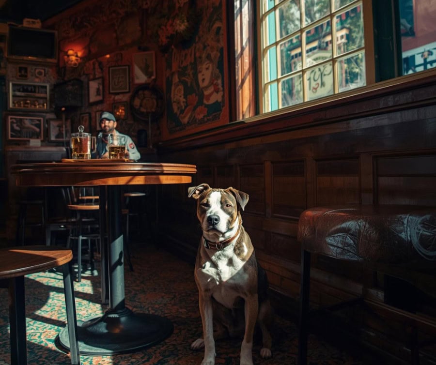 dog quietly sitting in pub