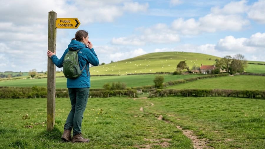 A walker checking a yellow public footpath waymarker sign in the UK countryside.