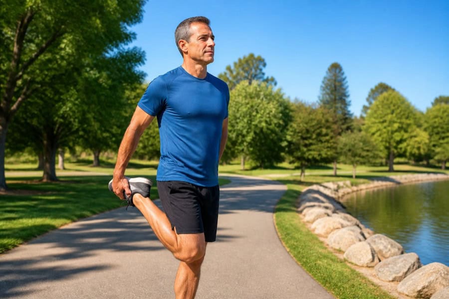 middle age man stretching before walk to avoid muscle cramps