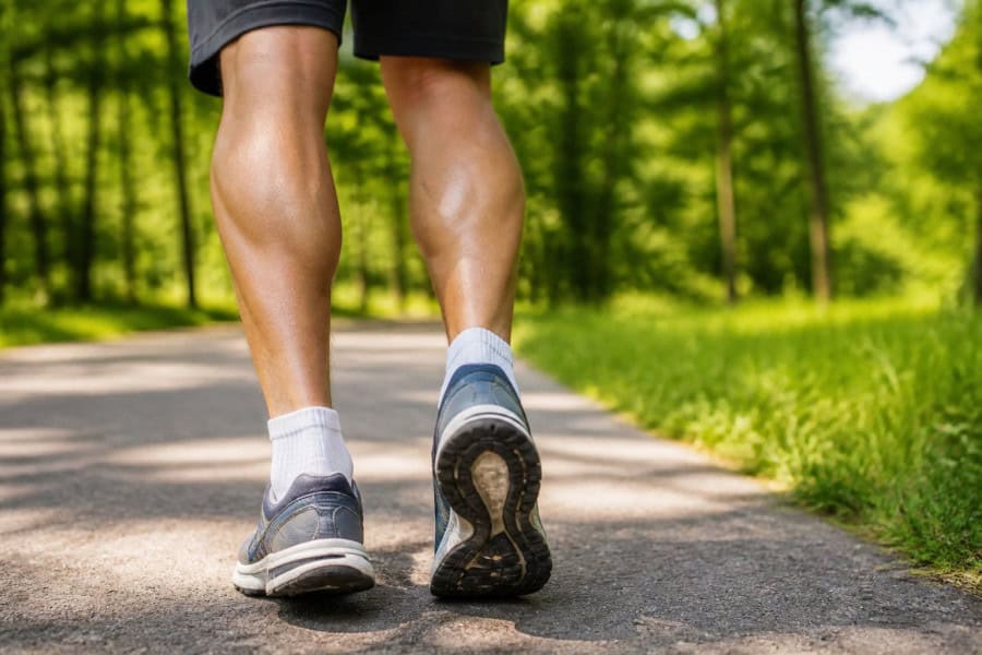 Close-up of a person's lower legs and feet walking on a paved path surrounded by grass and trees.